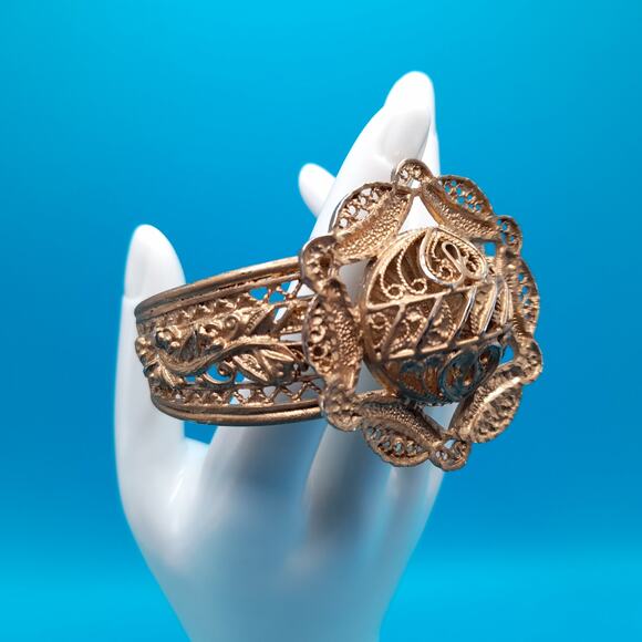 Vintage Gold Tone Filigree Openwork Cuff Bracelet, Egyptian Revival, 6 1/2 Inch - Picture 7 of 13